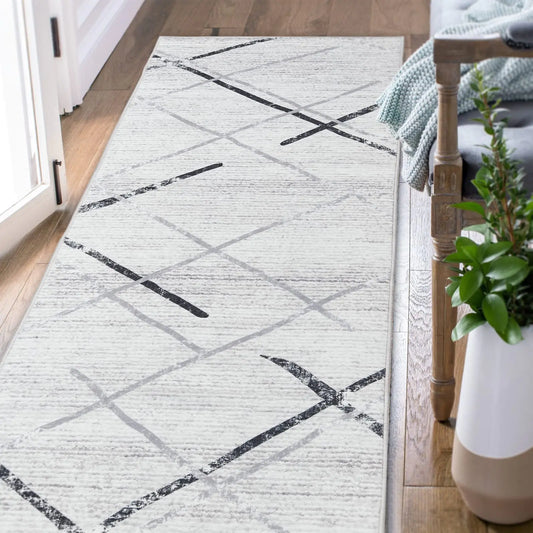 Jinchan Washable Runner Rug 2x10 – Black & Grey Moroccan Geometric Non-Slip Rug for Kitchen, Hallway, or Living Room
