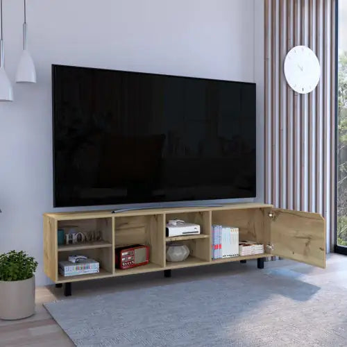 Conquest Light Oak TV Stand – Four Open Shelves, Five-Leg Modern Design