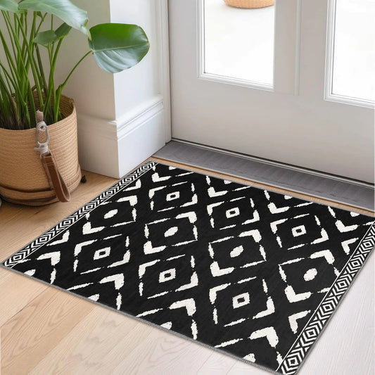 KILOCOCO 2x3 Washable Moroccan Entryway Rug – Non-Slip Small Boho Geometric Door Mat for Kitchen, Bedroom, or Entrance (Bluish Black)