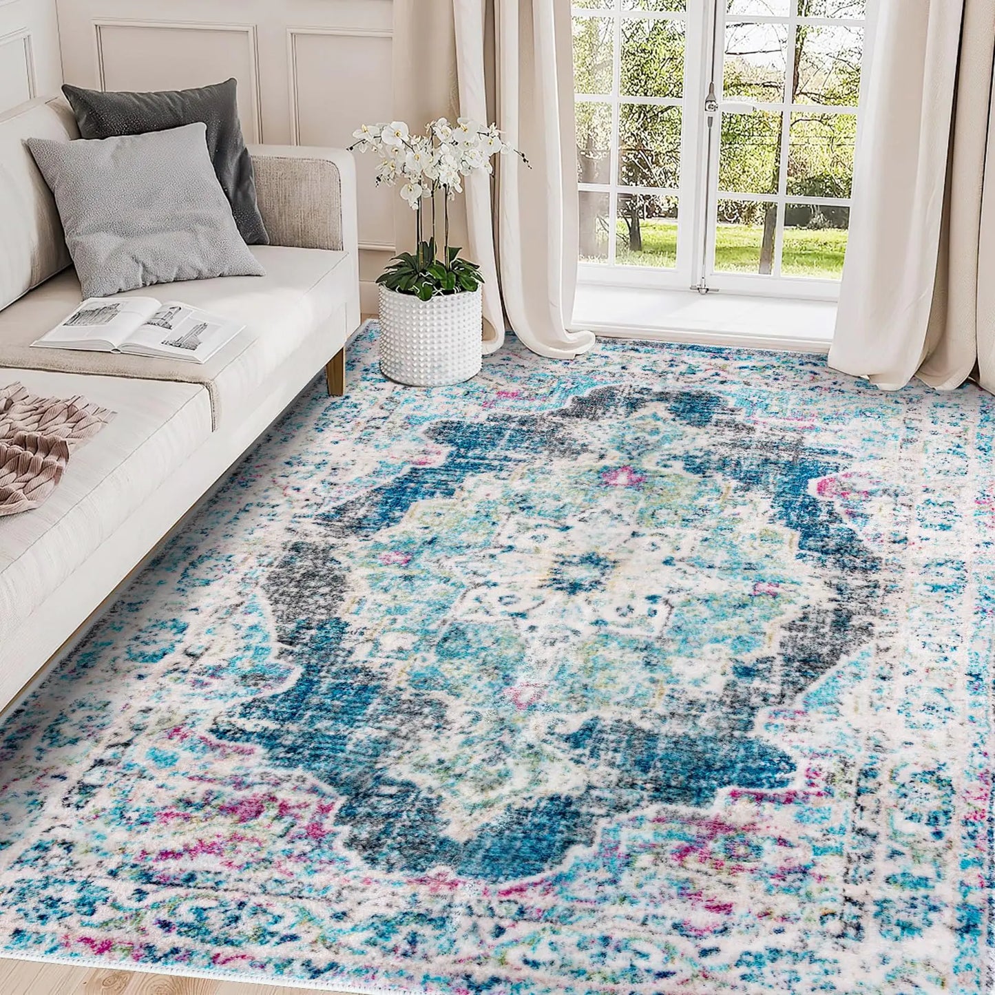 VFROO Washable Vintage Area Rug 5x7 – Light Blue Low-Pile Boho Non-Slip Carpet for Living Room, Bedroom & Dining Room