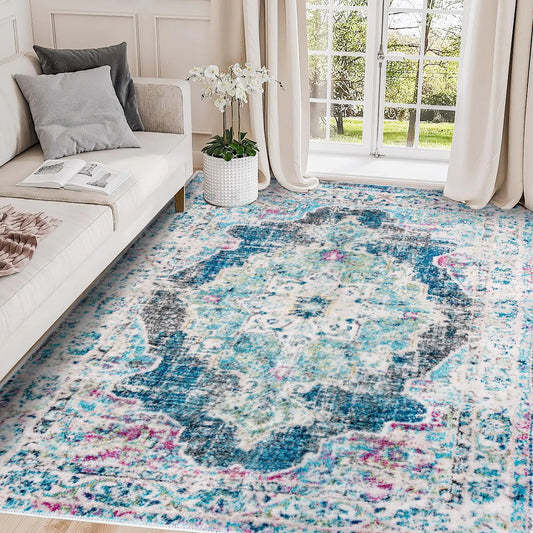 VFROO Washable Vintage Area Rug 5x7 – Light Blue Low-Pile Boho Non-Slip Carpet for Living Room, Bedroom & Dining Room