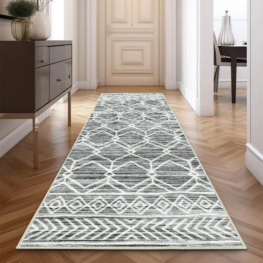 Jinchan 3x7 Washable Moroccan Runner Rug – Grey Geometric Low-Pile Non-Slip Carpet for Kitchen, Hallway, or Bathroom