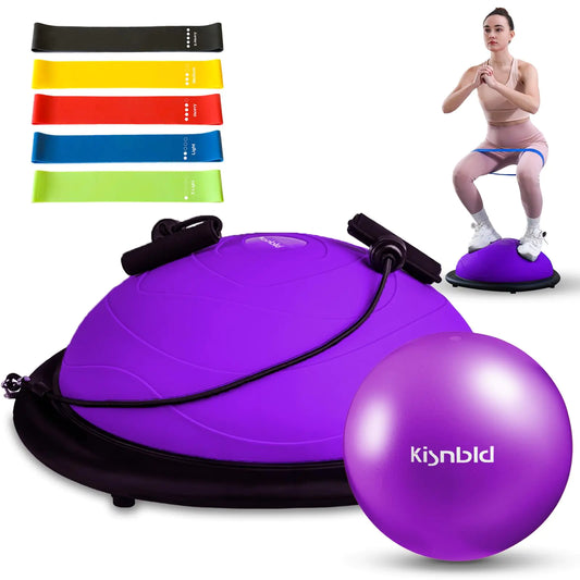 kisnbld Half Balance Ball Trainer Inflatable Half Exercise Ball Balance Trainer with Pilates Ball & Resistance Bands Non-Slip Half Yoga Ball for Home Gym Full Body Workouts