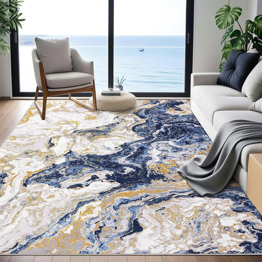 CAROMIO Washable Marble Area Rug 8x10 – Blue Abstract Non-Slip Rug for Living Room, Kitchen, or Office
