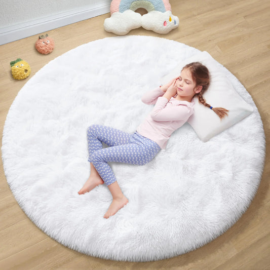 EVOIONOS White Round Fluffy Rug 4x4 – Soft Plush Non-Slip Rug for Girls Bedroom, Kids Room, Nursery, or Dorm